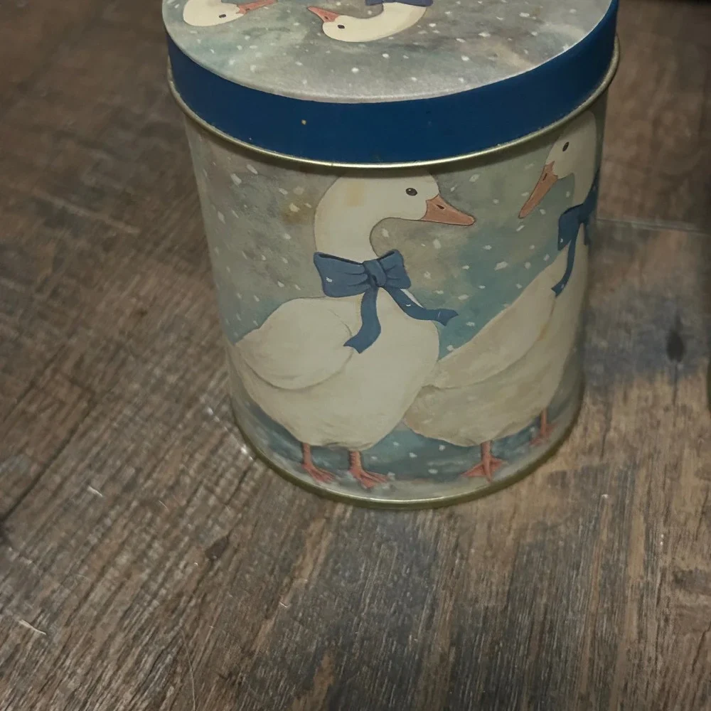 Vintage Country Goose Kitchen Set 2 Metal Tins and 1 Ceramic Trivet Blue Ribbon